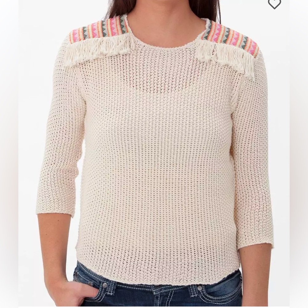 Billabong Sandy Kisses Boho Embroidered Fringe Shoulder Sweater Size M JV087SAN